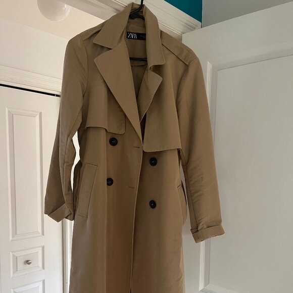 ZARA LONG DOUBLE BREASTED TRENCH - Light Camel SMALL - Picture 2 of 3